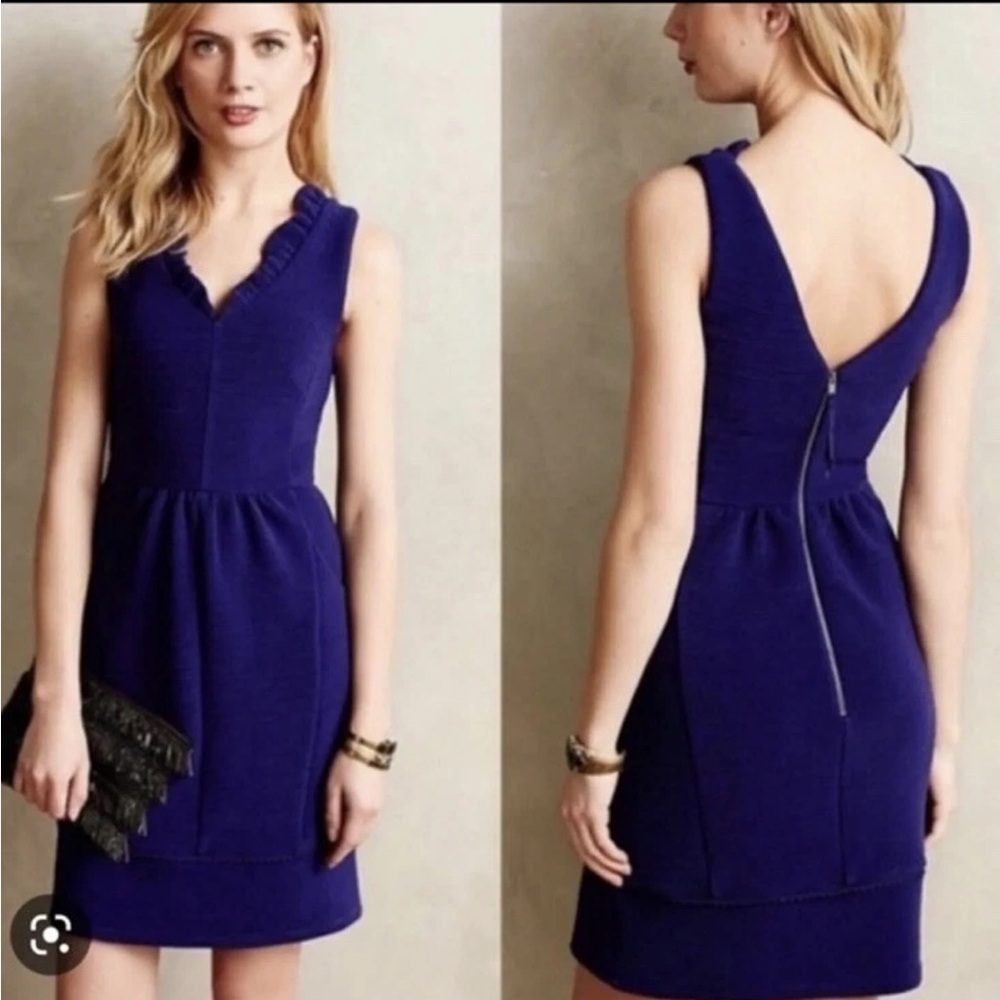Anthropologie Maeve Ottoman Ruffled V-Neck Dress Purple Blue XS